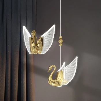 2021 Креативна Стълбище Полилей За Трапезария Модерна Led Подвесная Лампа Лебед Дизайн На Домашен Интериор Осветление Златен Акрил Блясък