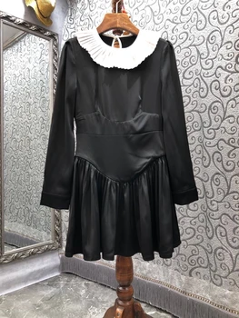 2022 нова дамска мода нагънат гофрирани цвят съвпадение на ревера шевове тънък и дълъг ръкав, пола, рокля 0106