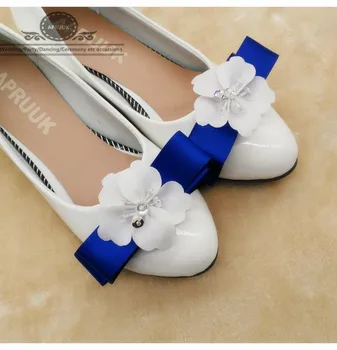 3 см сватбени обувки на танкетке булката бял ръчно изработени царски син лук пеперуда-възел дамски парти церемония цвете, пеперуда обувки