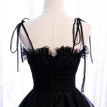 AnXin SH принцеса черно дантелено вечерна рокля реколта парти спагети лента на ръкав жабо лук вечерна рокля на малката черна рокля