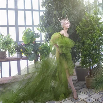 Army Green See Through Tulle Women Dresses To Photo-Shoot Puff Sleeves Summer Vestidos Off The Shoulder Dress Custom Made