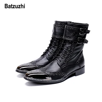Batzuzhi Маркова Новост За Мъжки Обувки Остър Метален Връх Рицар Обувка За Мъже zapatos de hombre Черен Колан От естествена Кож