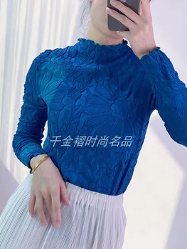 Changpleat Пролет/Есен Нова Плиссированная тениска На дамски Блузи, Модни обикновена тениска с дълги ръкави и висока еластичност