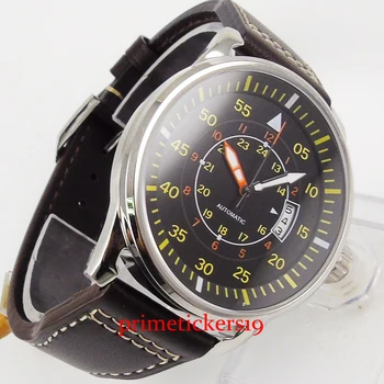 CORGEUT 42 мм модерен черен циферблат с оранжеви маркер датата кожена каишка от неръждаема стомана автоматично мъжки часовник