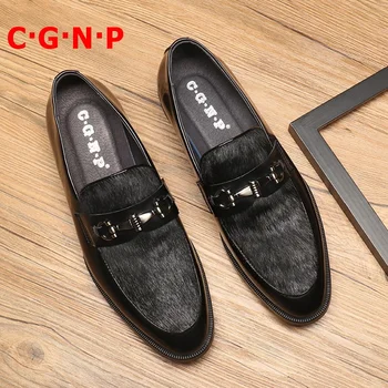 C·G·N·P Новата Мода Италиански Черен Кон на косата Слипоны Мъжки Обувки Лоскутная Естествена кожа Лоферы Ежедневни Обувки Вечерни Модела Обувки