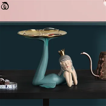 WU ЧЕН LONG Modern Лъки Русалка Момиче Art Sculpture Делфините Animal Figurines Receive Tray Resin Занаятите Home Decoration R6269