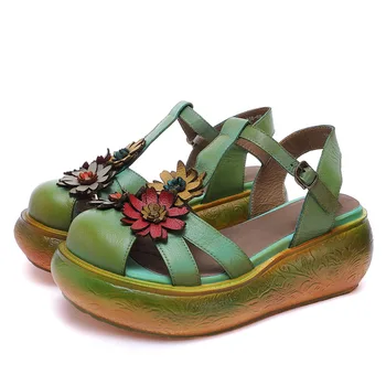 YourSeason / Дамски обувки на танкетке с цветя модел; Новост 2021 г.; Летни дамски сандали от естествена кожа с катарама и каишка; Ежедневни Сандали в Ретро стил