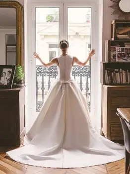Елегантна атласное Сватбена рокля трапецовидна форма, с копчета отзад 2021 лък колан съд Влак сватба рокля сватбена рокля По поръчка vestido de noiva