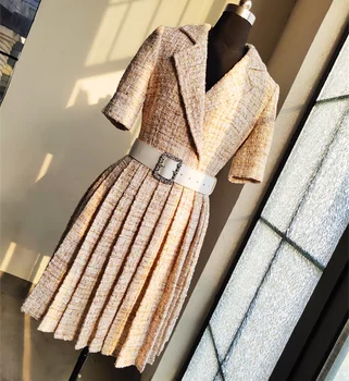 Есенни женски висококачествено твидовое плиссированное рокля с колан Chic OL short sleeves dress B215