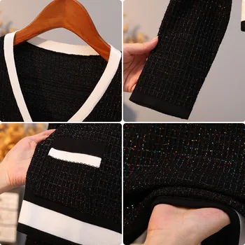 Жената Пролет Есен Мода Кратък Пуловер на Черно-Бял Контраст, Цвят V-образно деколте Вязаная Риза Жилетка С Дълъг Ръкав Едната Гърда Върховете