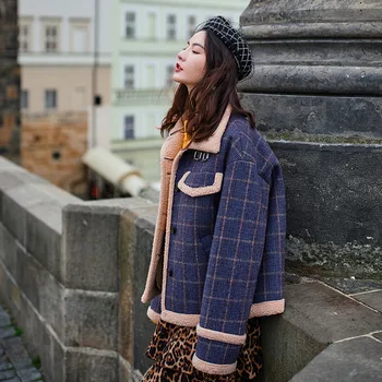 Зимни Дамски Висококачествени палто от изкуствена овче кожа Луксозни кратки ежедневни Дебели топли Големи размери 2019 синьо каре безплатна доставка