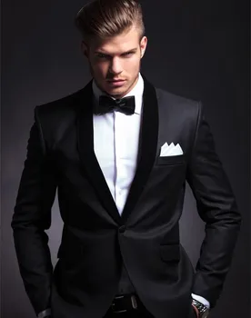 костюми по поръчка за сватбена смокинг black one button groom носят 2019