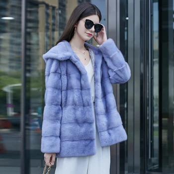 Луксозна натурална норковая палто, яке с качулка, зимни истинска жена средна дължина с голям лацканом, модни топло шарени норковая палто