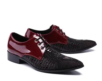 Мъжки модел обувки от естествена кожа На среден ток с шнур и Остри Пръсти, Увеличаване на растежа, Лоскутные обувки с Каменен Модел, Официални обувки-Броги