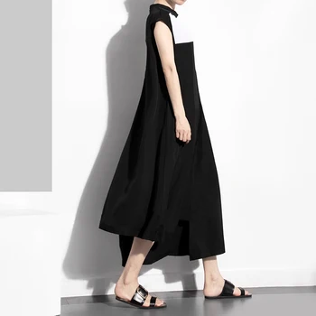 Нова Мода Нередовни Рокля За жените Свободни талията Плътен Цвят със Средна дължина на Роклята Лято Отслабване Ретро Без Ръкави Черна Рокля