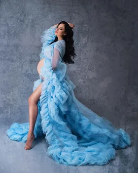 Паун Син Тюл Разрошени Рокли за бременни, за Фотосесия 2021 Мода Бременност Рокля Сватбени Рокли Дамски Халати Индивидуални