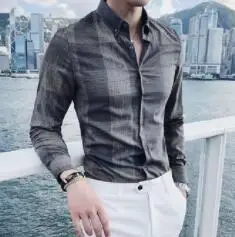 Риза с дълъг ръкав, man, new young slim men grid business casual quality shirt man DY-392