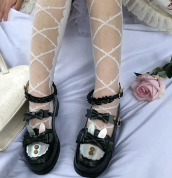 Сладка кръгла глава заешки уши дамски обувки сладко аниме cosplay японската обувки в стил лолита дантела рюшами лък kawaii обувки loli 2020