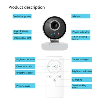 Уеб-камера 1080P AI Humanoid Auto Tracking, Web Camera With Remote Control Microphone USB Web Cam For Laptop PC Computer Mini Camera
