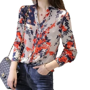 Шифоновая женска риза с дълги ръкави пролет 2021 нов корейски стил горна долна риза дамски V-образно деколте печатна външна риза