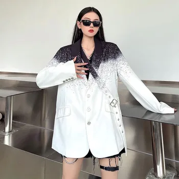 Якета За Жени 2021 Корейската Мода Градинска Офис Дама С Дълъг Ръкав Печат Професионална Връхни Дрехи Бяло Сако Femme